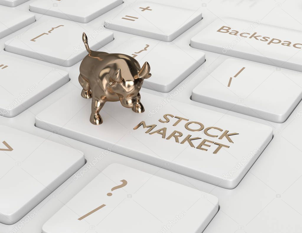 3d render of computer keyboard with stock market button and bull