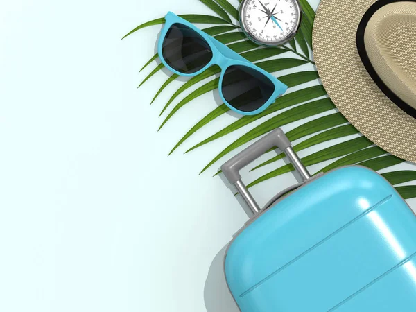 Darstellung Von Sonnenbrille Kompass Hut Und Koffer Auf Pastellblauem Hintergrund — Stockfoto