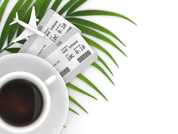 3d render of fly ticket with coffee and plane on white background with place for text