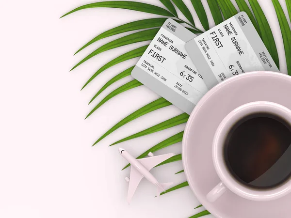3d render of fly ticket with coffee and plane on pastel background with place for text