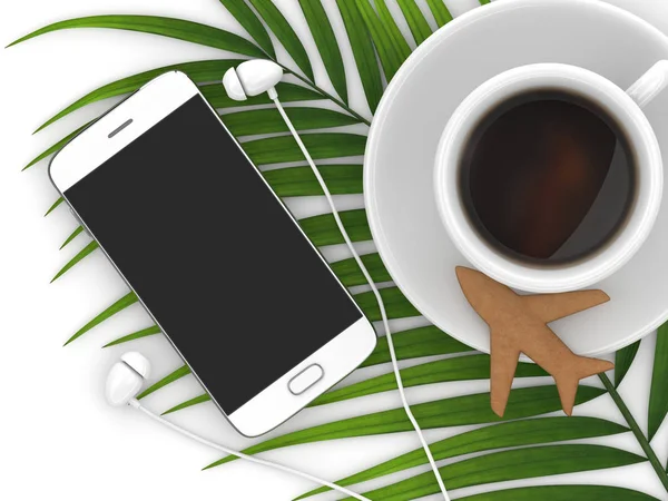Renderização Café Biscoito Avião Smartphone Fones Ouvido Fundo Branco Com — Fotografia de Stock