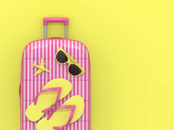 渲染手提箱与假期的东西在黄色背景与文本的地方 — 图库照片