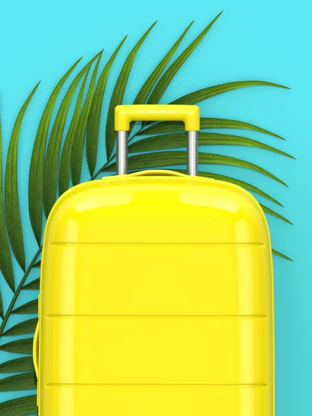 Rendering Von Koffer Mit Palmblatt Auf Blauem Hintergrund — Stockfoto