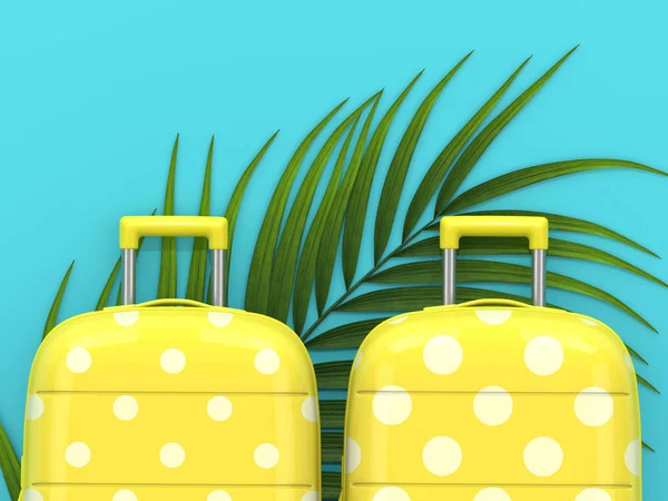 渲染两个行李箱躺在棕榈叶在蓝色背景与地方为文本 — 图库照片