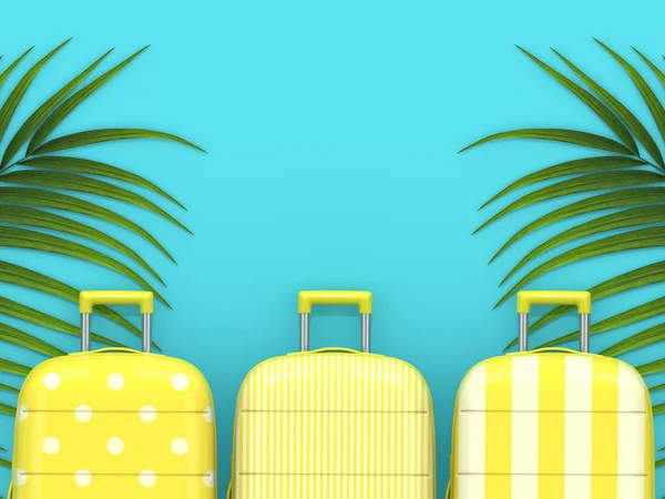 Render Three Suitcases Lying Palm Leaves Blue Background Place Text — Stock Photo, Image