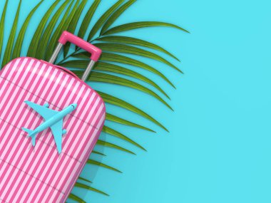 uçağı ele mavi arka plan ile bavul 3D render