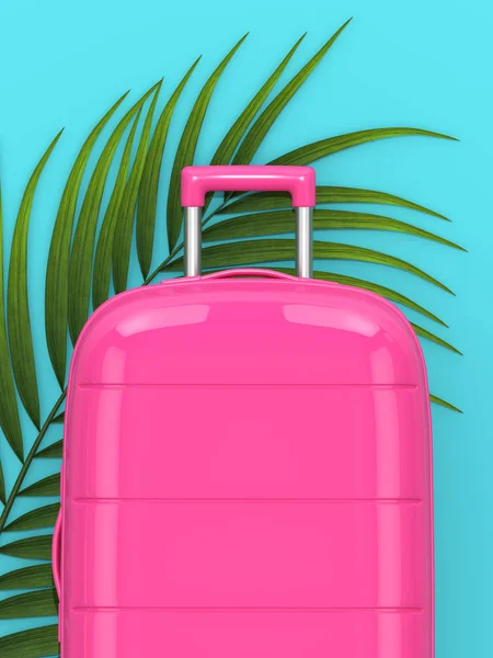 3D render van koffer met palmtak over blauwe achtergrond — Stockfoto