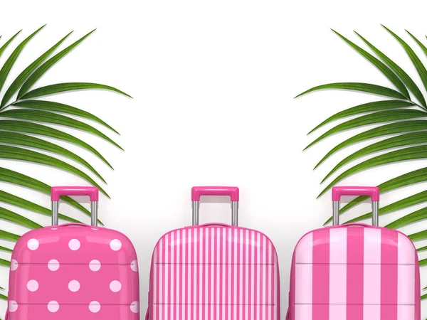Rendering 3d di valigie con foglie di palma su bianco — Foto Stock