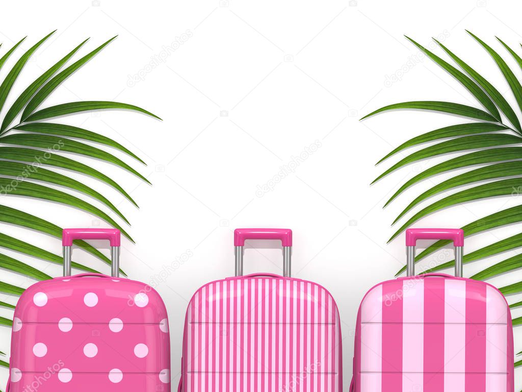 3d render of suitcases with palm leaves over white