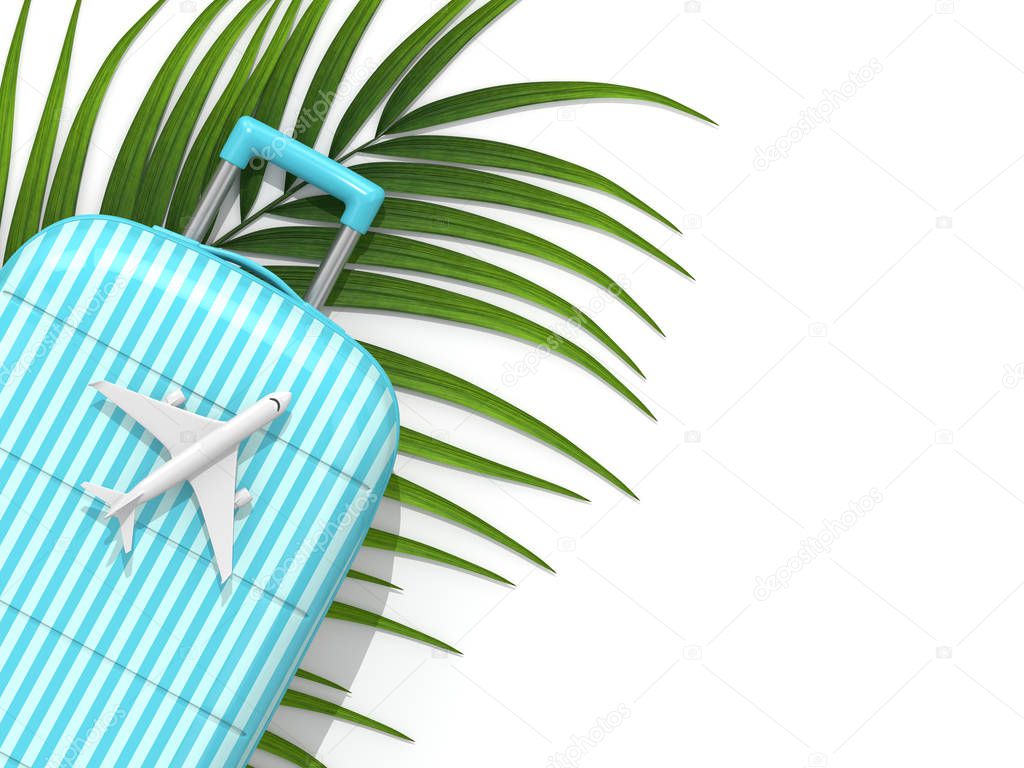 3d render of suitcase with plane over white background