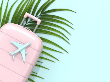 uçağı ele pastel mavi arka plan ile bavul 3D render