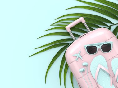 pastel mavi backg tatil şeyleri bavulla 3D render