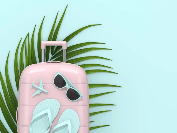 3D render av resväska med semester grejer över pastellblå backg — Stockfoto