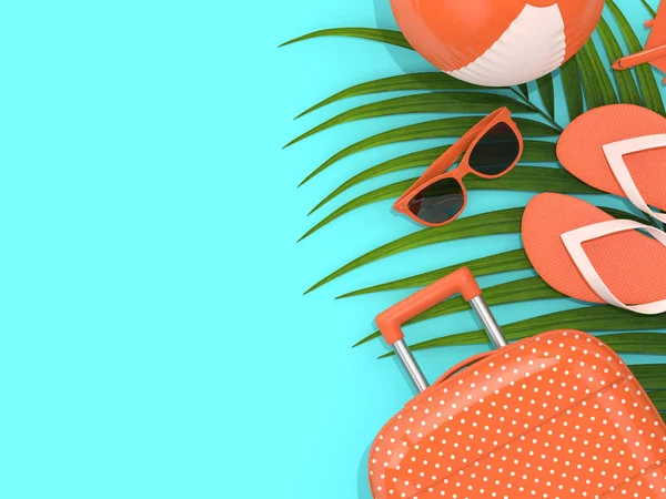 3d renderização de mala com material de férias sobre fundo azul — Fotografia de Stock