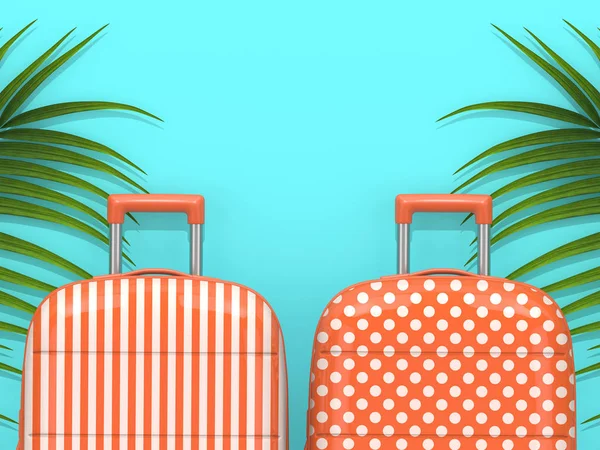 3d render of suitcases with palm leaves over blue — Stock Photo, Image