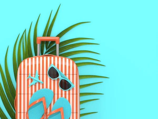 3D render van koffer met vakantie stuff over blauwe achtergrond — Stockfoto