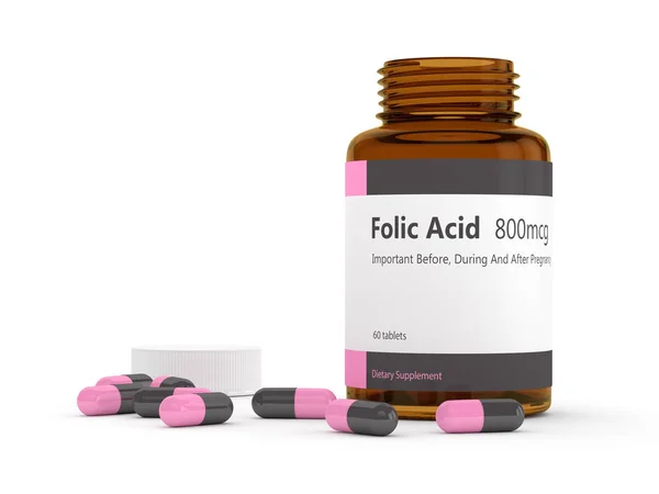 3d renderização de ácido fólico com pílulas — Fotografia de Stock