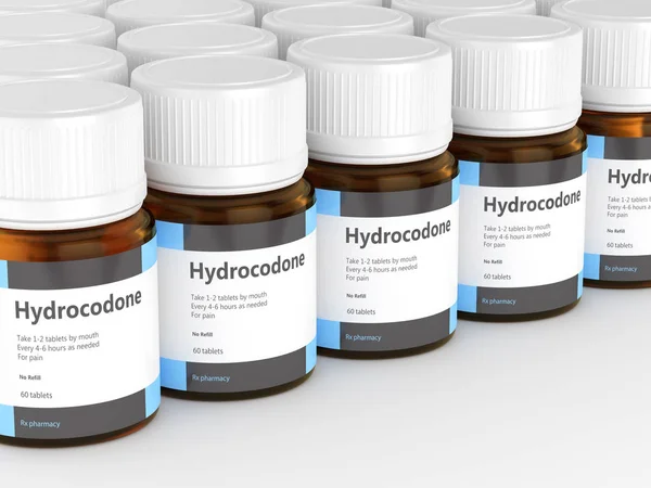 गोळ्यासह हायड्रोकोडोन बाटल्यांचे 3 डी रेंडर — स्टॉक फोटो, इमेज