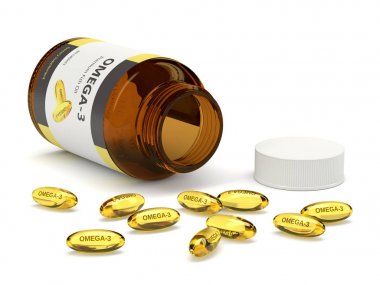  Beyaz üzerinde kapsül ile omega-3 şişe 3d render