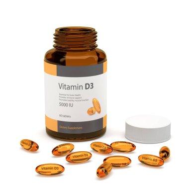 Kapsülile D3 vitamini şişe 3d render