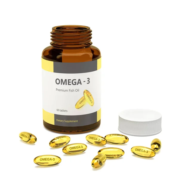 3d render de la botella de omega-3 con cápsulas sobre blanco — Foto de Stock