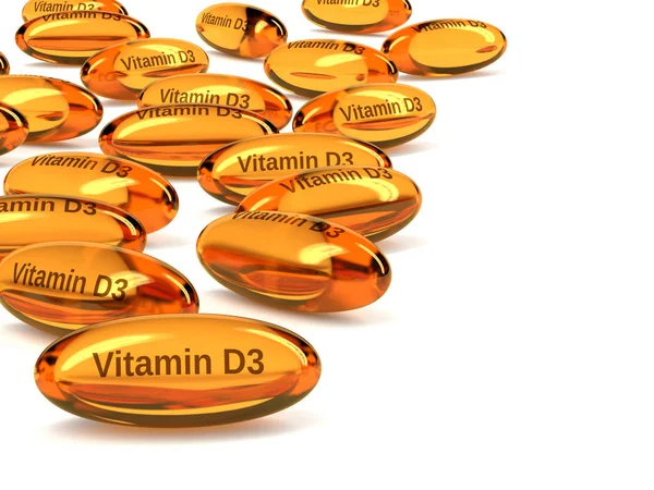 Rendering 3d delle capsule di vitamina D3 su bianco — Foto Stock