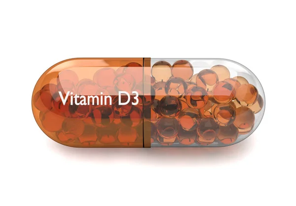 Rendering 3d della capsula di vitamina D3 su bianco — Foto Stock