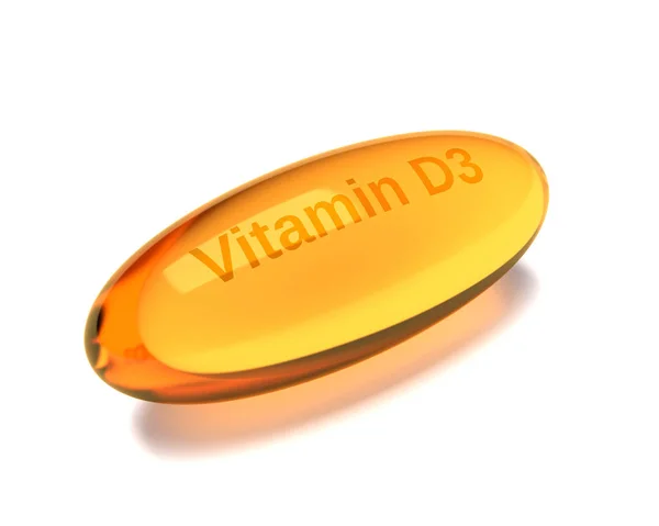 Renderização 3d da cápsula de vitamina D3 sobre o branco — Fotografia de Stock