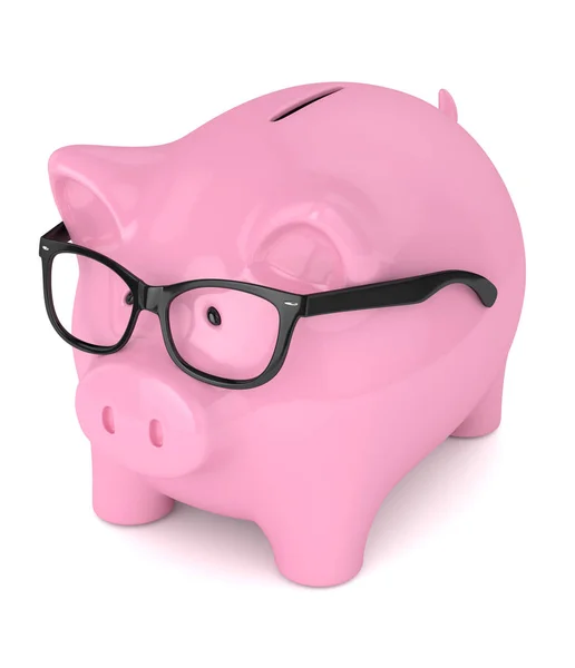 3d renderização de porquinho banco com óculos sobre branco — Fotografia de Stock