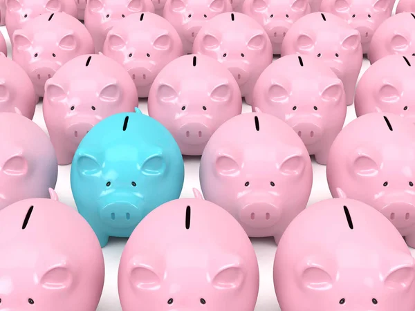 Renderowanie 3D Piggy banków w rzędzie — Zdjęcie stockowe