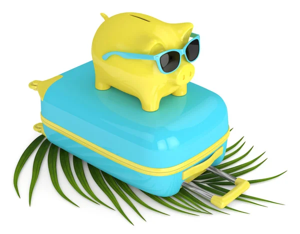 3d render de porquinho banco com mala e bola de praia — Fotografia de Stock