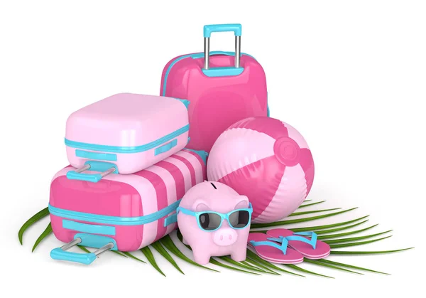 3D renderen van Piggy Bank met koffers en strandbal — Stockfoto