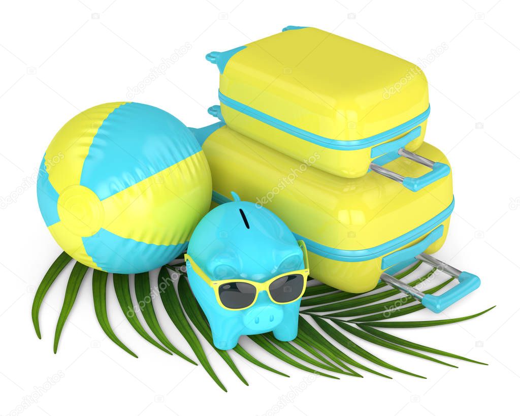3d render of piggy bank with suitcase and beach ball