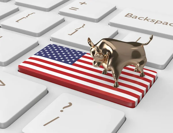 Renderização 3d de teclado com chave de bandeira dos EUA e touro — Fotografia de Stock