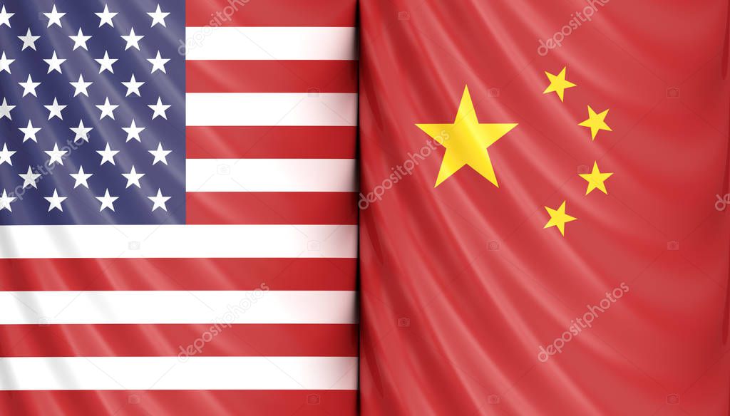 3d render of US America and China flags 