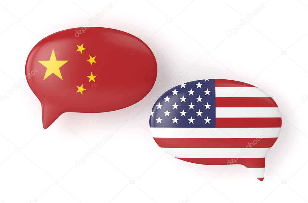 3d render of  USA and China flags on speech bubbles