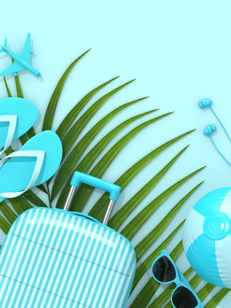 3D-Rendering eines Koffers mit Urlaubssachen vor blauem Hintergrund — Stockfoto