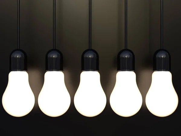 3d renderização de lâmpadas incandescentes luz brilhando no preto — Fotografia de Stock