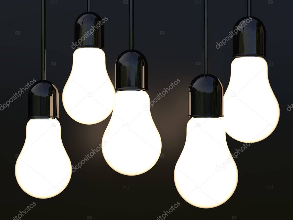 3d render of light incandescent bulbs glowing on black 