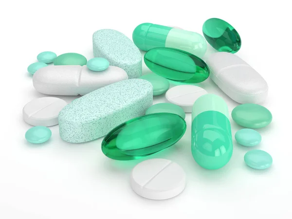 3d render of pills, tablets and capsules over white — Stock Photo, Image