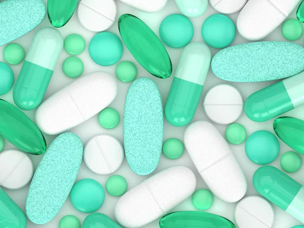 3d render of pills, tablets and capsules over white