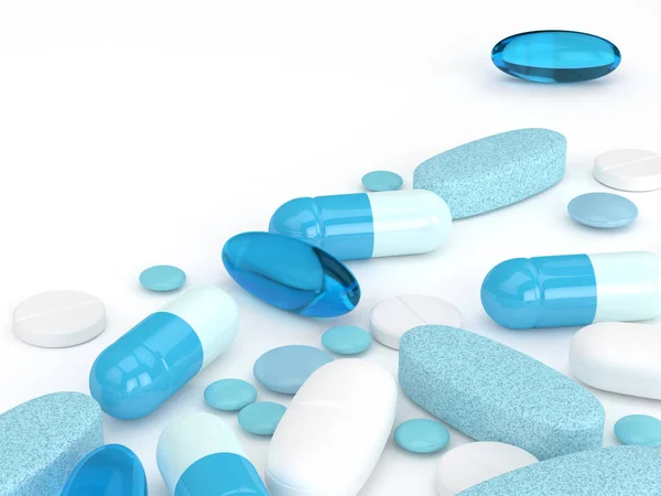 3d render of pills, tablets and capsules over white — Stock Photo, Image