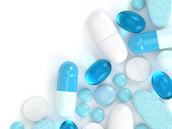 3d render of pills, tablets and capsules over white — Stock Photo, Image