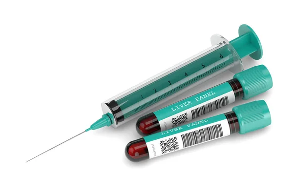 सिरिंजसह यकृत पॅनेल रक्त तपासणी ट्यूबची 3 डी रेंडर — स्टॉक फोटो, इमेज