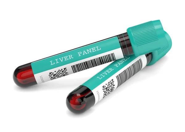 3D renderizado de los tubos de análisis de sangre del panel hepático sobre blanco — Foto de Stock