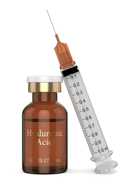 Renderização 3d do frasco para injetáveis de ácido hialurónico com seringa — Fotografia de Stock
