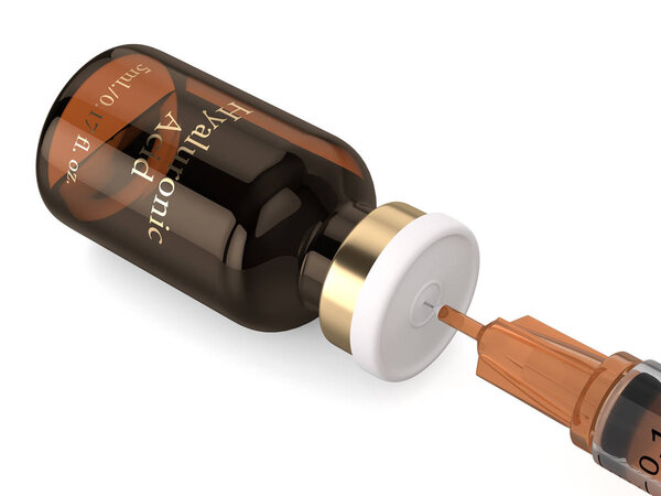 3D рендеринг флакона с гиалуроновой кислотой со шприцем
