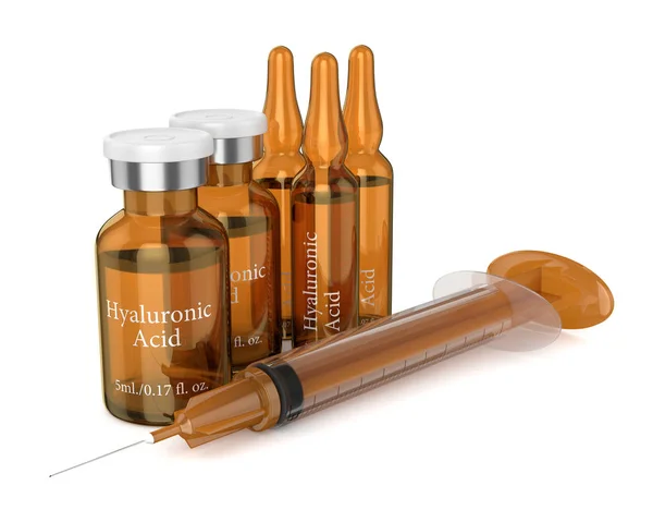 Renderização 3d de ampolas de ácido hialurônico, frascos para injetáveis e seringa — Fotografia de Stock