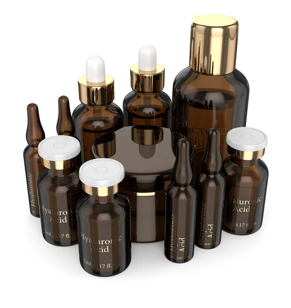 3d render of hyaluronic acid vials, bottles and cream — Stock Photo, Image