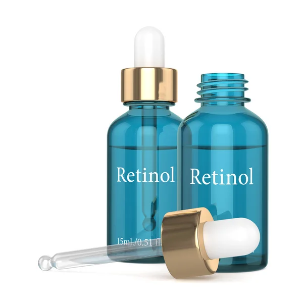 Renderização 3d de garrafas de retinol com conta-gotas sobre branco — Fotografia de Stock